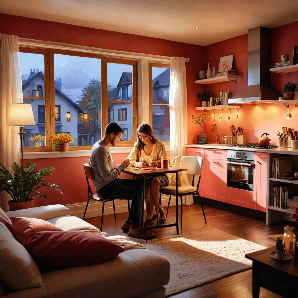 A visually striking collage featuring a cozy home interior, symbolizing love and romance, intertwined with elements of health and insurance like heart rate graphs and policy papers. Soft, warm lighting casts a romantic glow, while a couple enjoys a moment together, exploring the concepts of health and security. Vibrant colors to evoke warmth and connection. digital painting. vibrant colors.