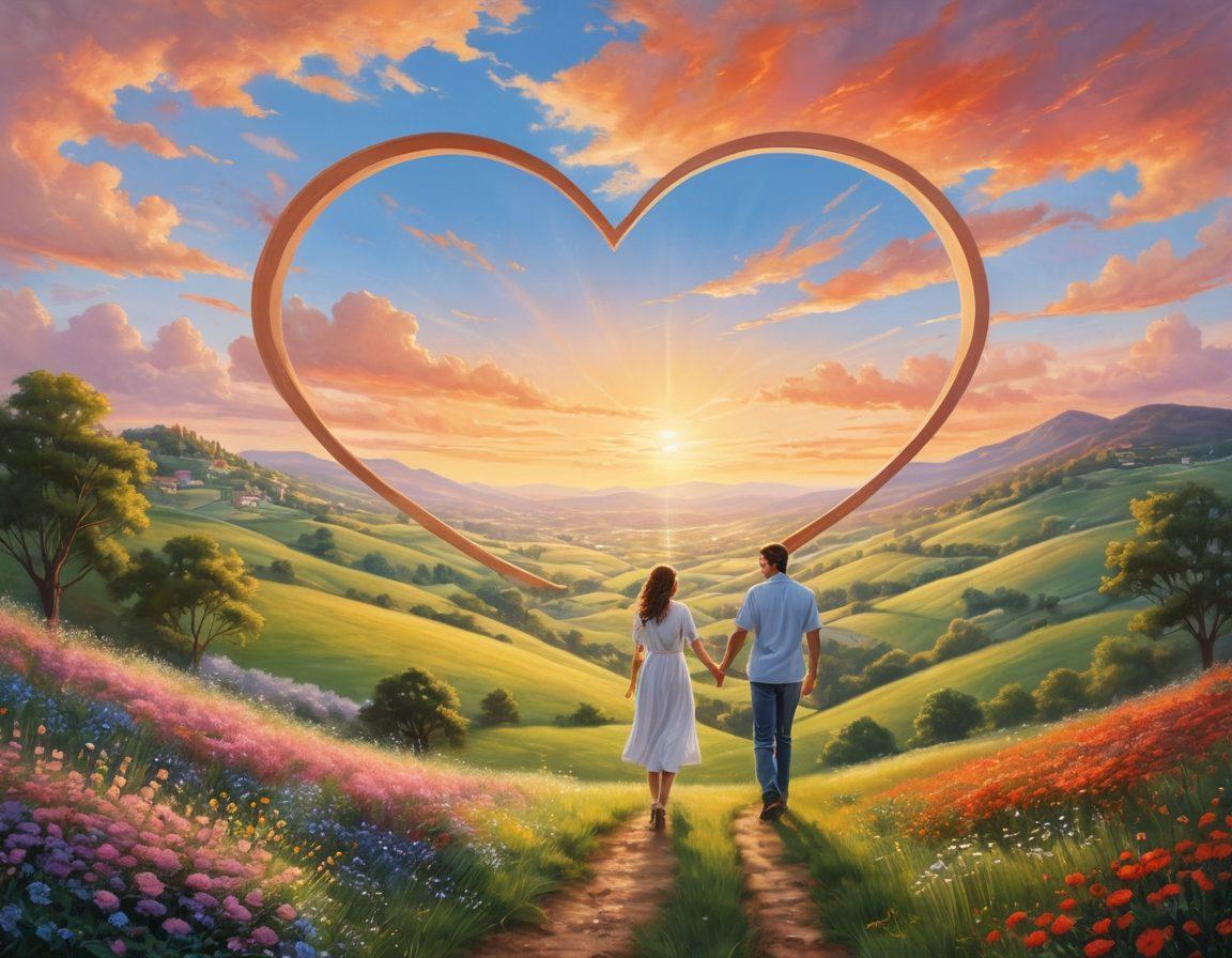 A heart-shaped shield symbolizing love and security, surrounded by diverse couples sharing warm moments together, representing affectionate connections. In the background, icons of various insurance types (health, life, property) blend harmoniously into a serene landscape, conveying peace of mind. Soft pastel colors evoke warmth and trust. super-realistic. vibrant colors.