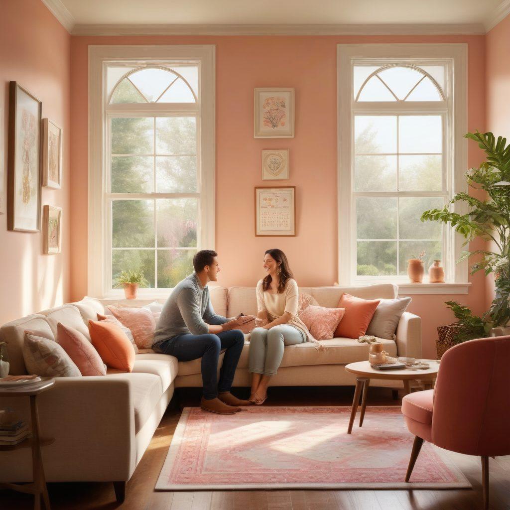 A couple joyfully talking while sitting in a cozy living room surrounded by symbols of love and life, such as hearts and family photos. In the background, a calendar with important dates marked, and a framed insurance policy elegantly displayed on a shelf. Warm sunlight streams through the window, creating a positive and inviting atmosphere. color palette in soft pastels. super-realistic. vibrant colors.